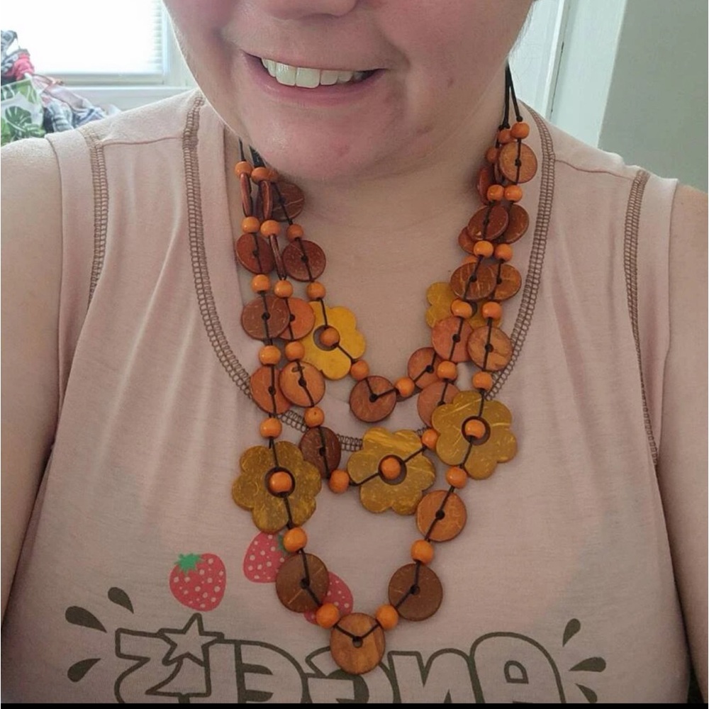 New Artisan Autumn Brown& Orange Wooden Bead Floral Decor Statement Necklace - Picture 6 of 9